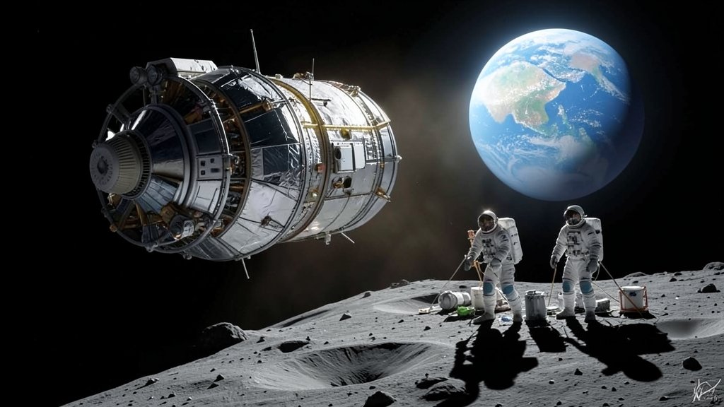 An illustration of the NASA Artemis II spacecraft approaching the Moon, with astronauts in spacesuits standing on the lunar surface, and the Earth visible in the background.