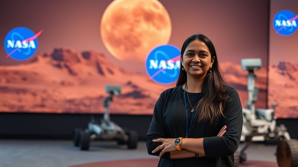 A high-resolution image of Vandi Verma standing in front of a large screen displaying the Mars landscape, with a NASA logo and a robotic rover in the background.