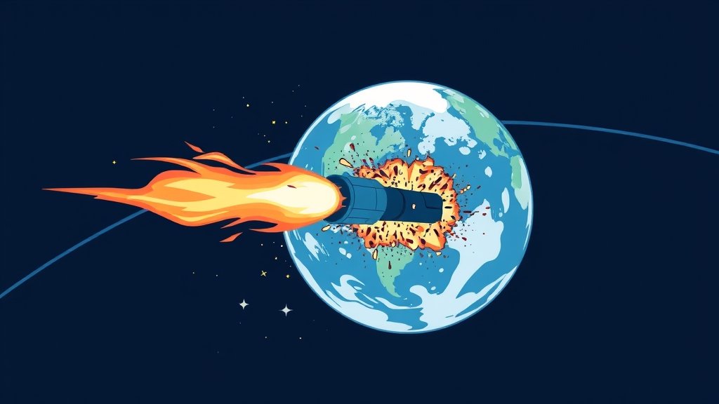 An illustration of a satellite crashing into the Earth's atmosphere, with a trail of flames and debris behind it, set against a dark blue background with stars and the curvature of the Earth visible.