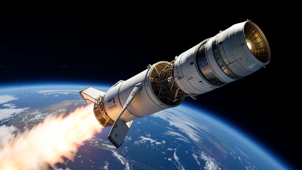 A detailed illustration of a SpaceX Falcon 9 rocket in flight, with a close-up view of its second stage, set against a backdrop of the Earth's atmosphere and the curvature of the planet.
