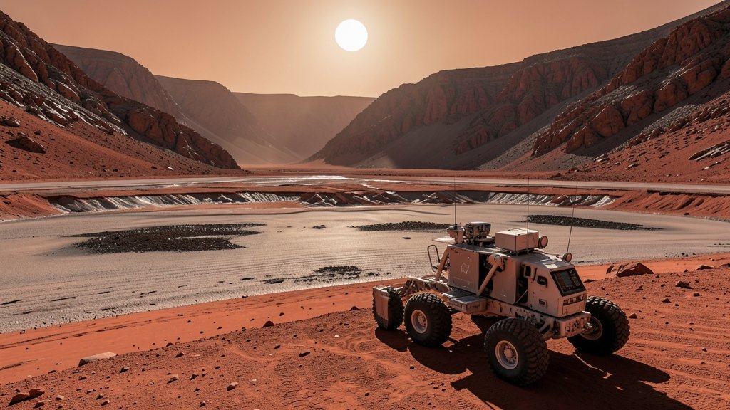 A high-resolution image of the Jezero Crater on Mars with a visible ancient shoreline and lakebed, featuring the Perseverance rover in the foreground.