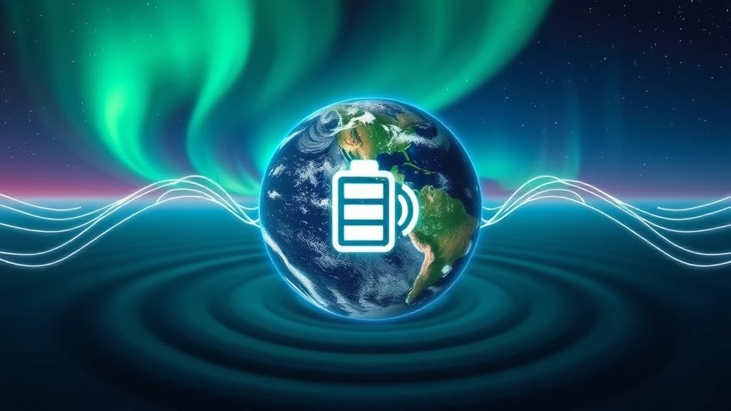 A visual representation of the Earth's aurora borealis with a battery symbol in the center, surrounded by Alfvén waves