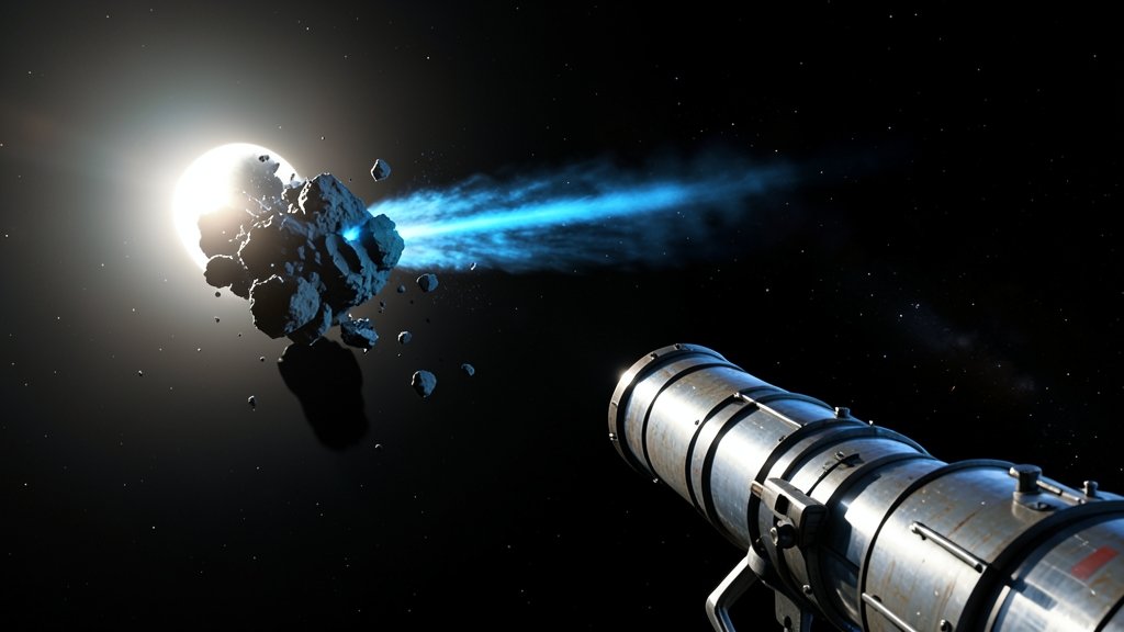 A comet breaking apart in space with a bright tail and a nearby sun, with a telescope in the foreground capturing the moment.