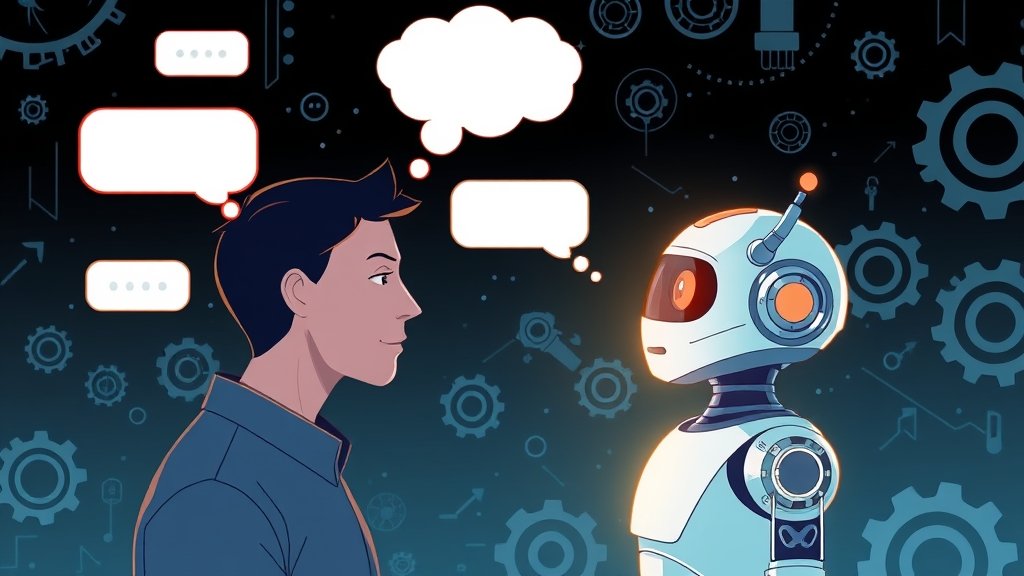 A futuristic illustration of a person speaking to a chatbot, with thought bubbles and gears in the background, symbolizing the intersection of human personality and artificial intelligence.