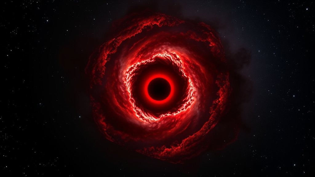 An artist's impression of a young black hole surrounded by gas and dust, with a red glow, set against a dark background with stars and galaxies.