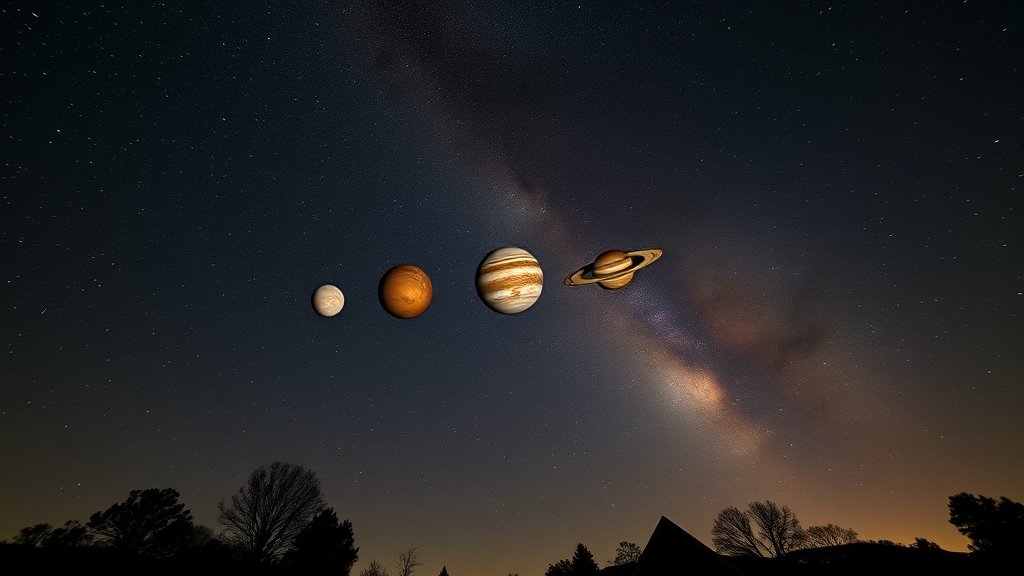 A stunning astronomical image of the night sky with 6 planets aligned, with a subtle background of stars and constellations, and a few trees or buildings in the foreground to provide scale and context.