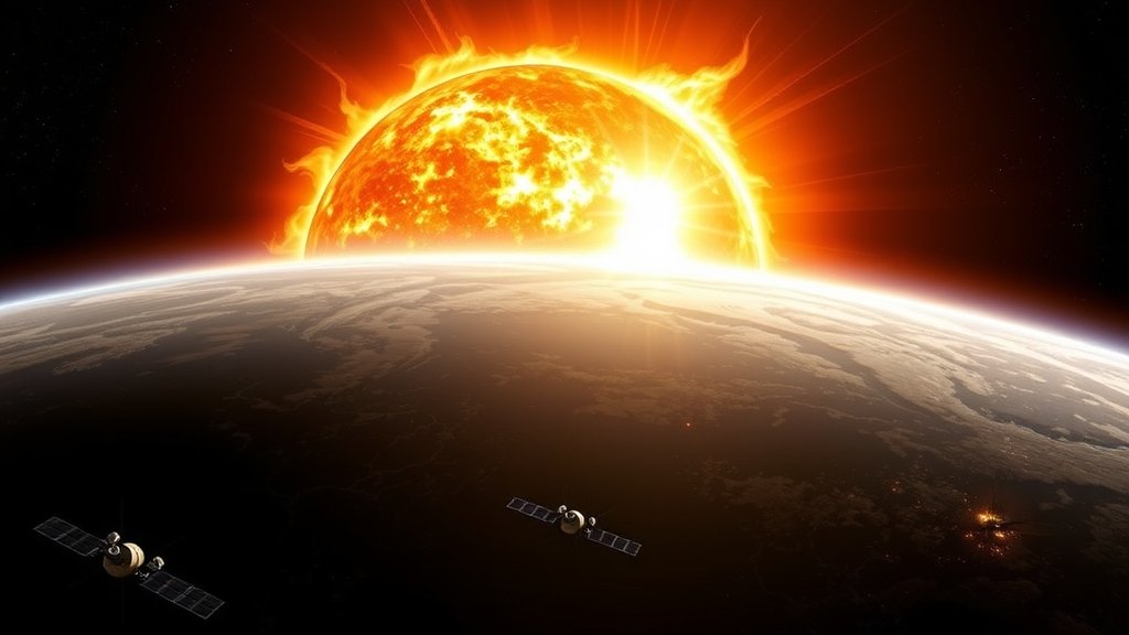 A dramatic illustration of a solar flare erupting from the sun, with a darkened Earth in the background, and a few satellites visible in the foreground, highlighting the risk of radio blackouts.