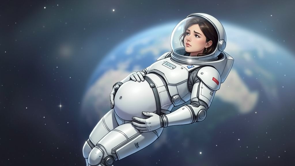 An illustration of a pregnant woman in a spacesuit floating in space, with a subtle background of the Earth and stars, conveying a sense of wonder and concern.