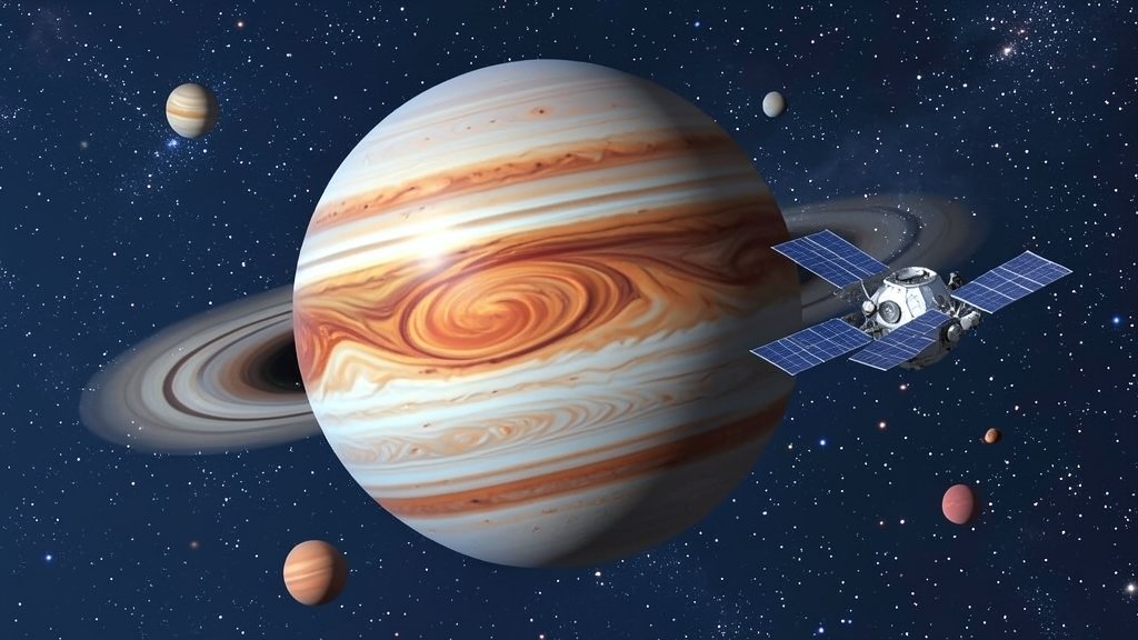 An illustration of the Jupiter planet with its newly discovered size and shape, with the NASA Juno spacecraft in the background, set against a dark blue space background with stars and planets.