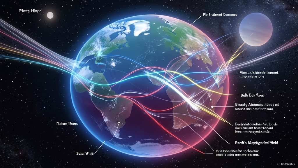 An illustration of the Earth's ionosphere with field-aligned currents and bursty bulk flows, highlighting the complex interactions between the solar wind, magnetic fields, and the ionosphere.