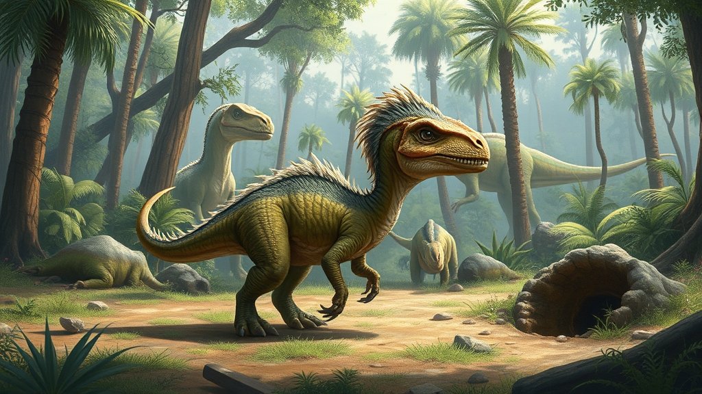 A detailed illustration of a small, feathered dinosaur in a lush, prehistoric forest, with a few larger dinosaurs in the background, and a subtle hint of excavation and discovery in the foreground.