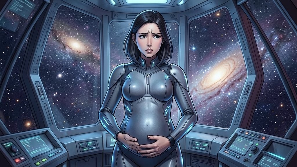 An illustration of a pregnant woman in a spaceship with a concerned expression, surrounded by stars and planets in the background.