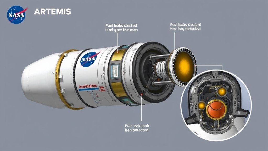 A detailed illustration of the NASA Artemis rocket with a close-up view of the fuel tank system, highlighting the areas where fuel leaks have been detected.
