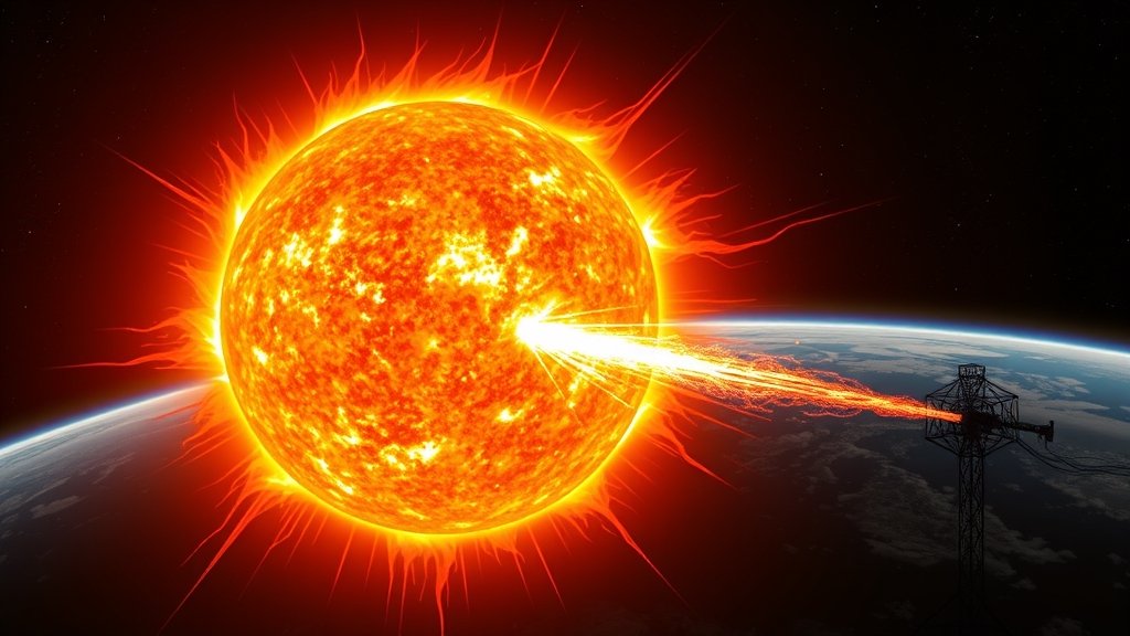 An illustration of the Sun with a large solar flare and coronal mass ejection, with a subtle background image of the Earth and a radio communication system