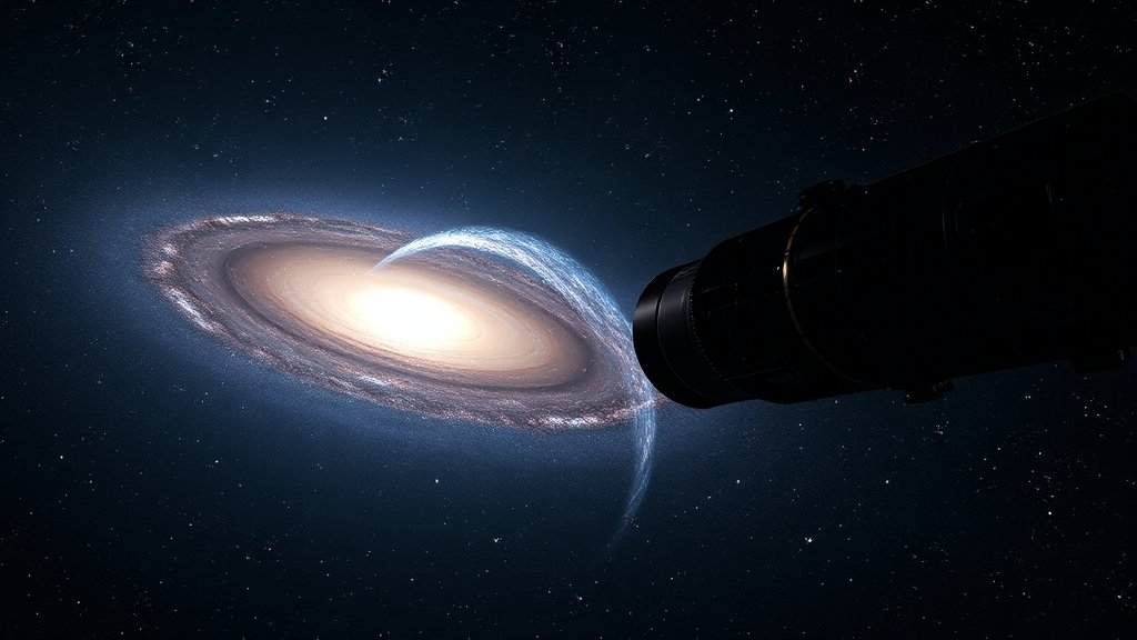 A high-resolution image of the James Webb Space Telescope in space, with a faint galaxy in the background, representing the most distant galaxy ever detected.
