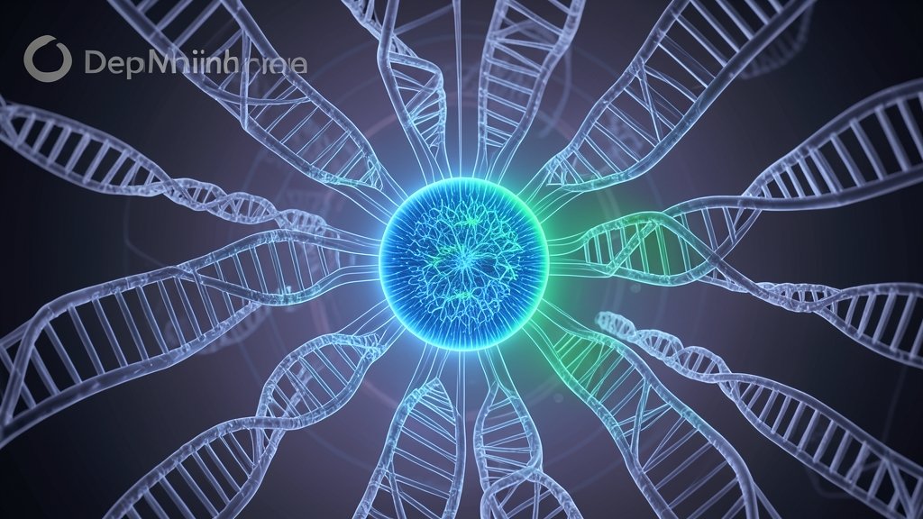 A detailed illustration of the human genome with a highlighted section representing the 98% decoded by AlphaGenome, with a background of DNA double helix structures and a subtle Google DeepMind logo