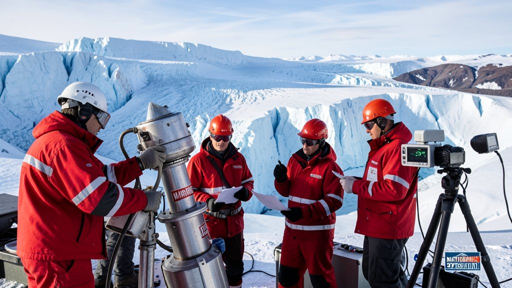 A dramatic image of the Doomsday Glacier in Antarctica, with a research team in the foreground, drilling equipment, and a stunning landscape of ice and snow in the background.