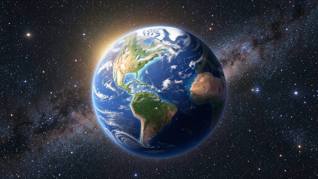 A realistic illustration of an Earth-like exoplanet in the habitable zone of its star, with a blue atmosphere and continents, surrounded by a vast starry sky.