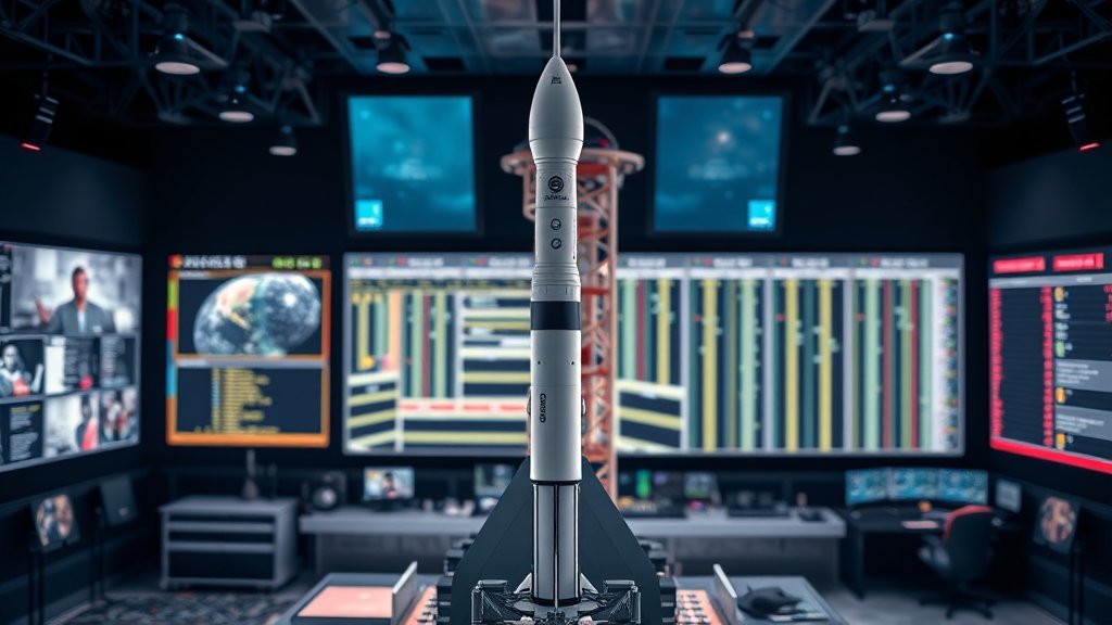 An image of a SpaceX Falcon 9 rocket on the launchpad, with a blurred background of a launch control room, highlighting the complexity and precision of space technology.
