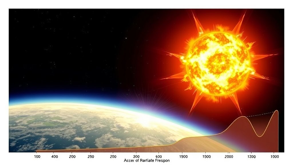 An illustration of the Sun unleashing a powerful solar flare, with the Earth in the background and a graph showing the increase in radiation levels.
