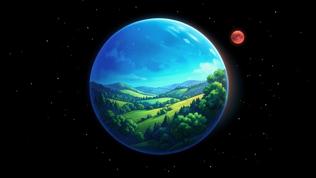 An artist's illustration of a potentially habitable exoplanet with a blue atmosphere and green forests, orbiting a small, cool star.