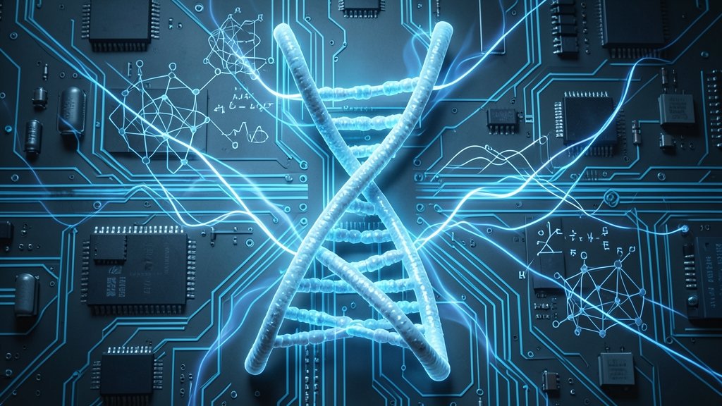A futuristic illustration of a DNA double helix with glowing blue lines representing gene regulation, surrounded by circuit boards and AI algorithms in the background.
