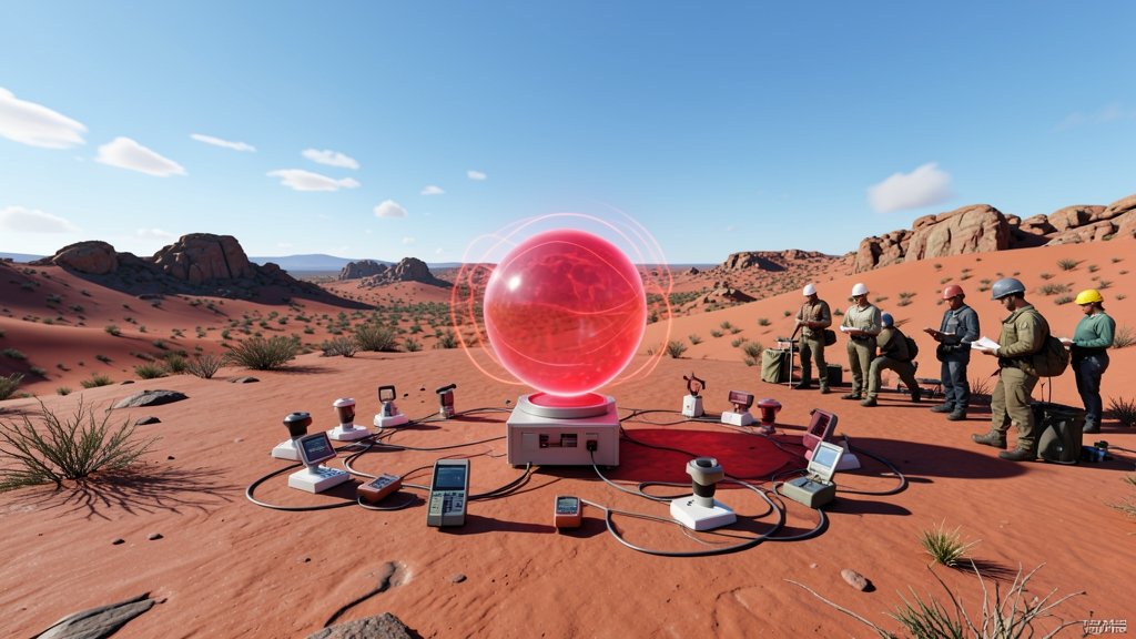 A 3D image of the Australian Northern Territory with a magnetic anomaly highlighted in red, surrounded by scientific equipment and researchers in the background