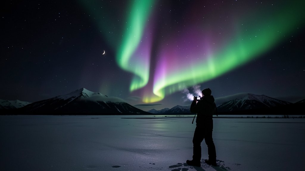 A breathtaking view of the Aurora Borealis dancing across the night sky in Alaska, with a few stars and a crescent moon visible in the background, and a silhouette of a person in the foreground, capturing the moment with a camera.
