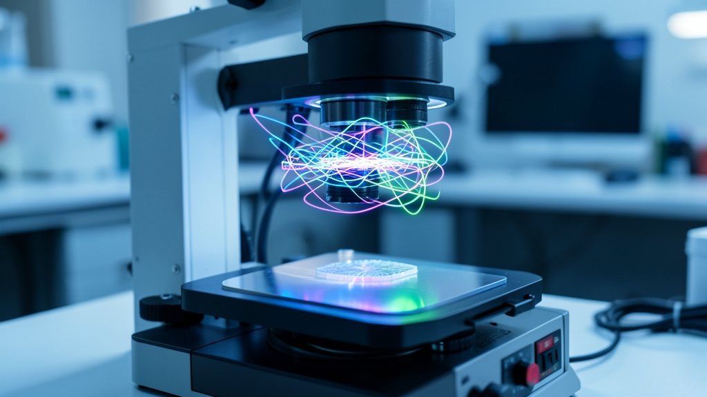 A high-resolution image of a terahertz microscope with a superconducting material sample, highlighting the tiny movements of electrons in a colorful, dynamic representation.