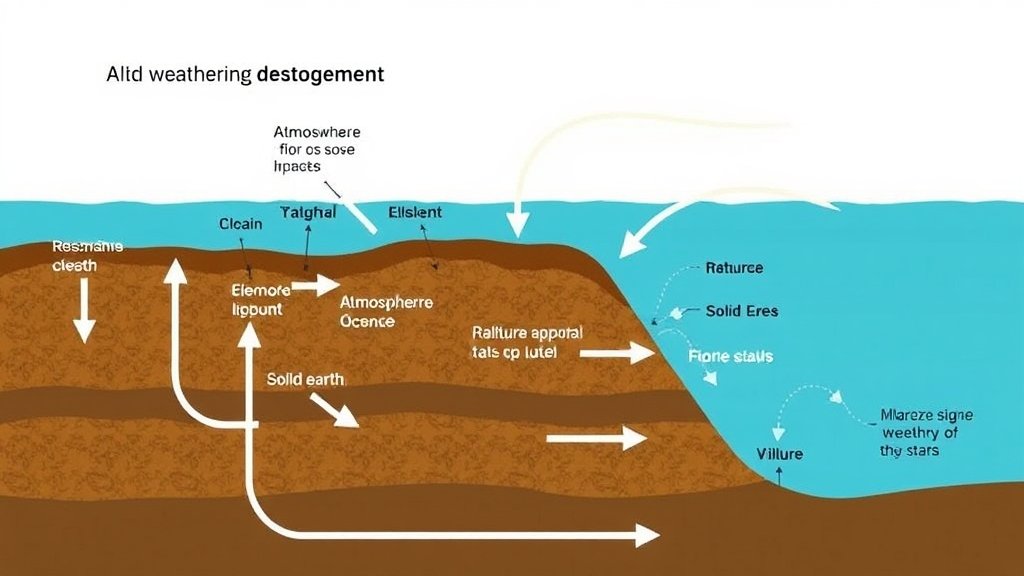 A diagram illustrating the process of silicate weathering in marine sediments, with arrows showing the flow of elements and compounds between different reservoirs, including the atmosphere, oceans, and solid earth.