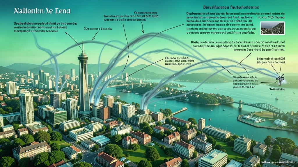 A detailed illustration of the city of Auckland with a green and blue atmosphere, showing the flow of CO2 emissions and the use of atmospheric transport models to estimate urban CO2 fluxes.