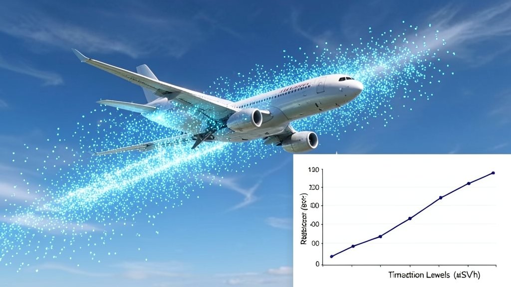 An illustration of an airplane flying through a layer of electrons in the atmosphere, with a graph showing the increase in radiation levels in the background.