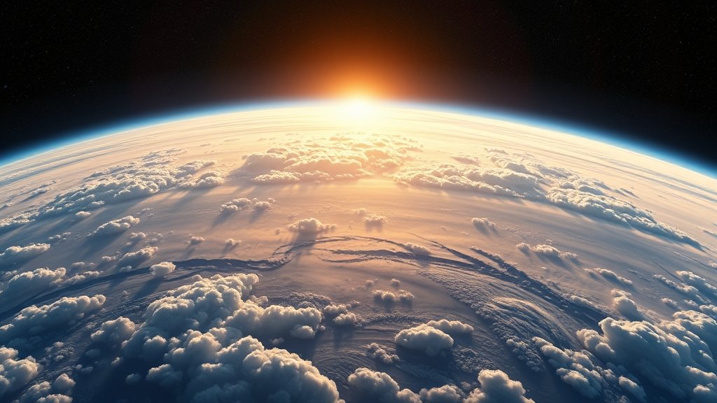 An illustration of the Earth's atmosphere with stratiform clouds and Kelvin waves, highlighting the impact of surface warming on atmospheric circulation patterns