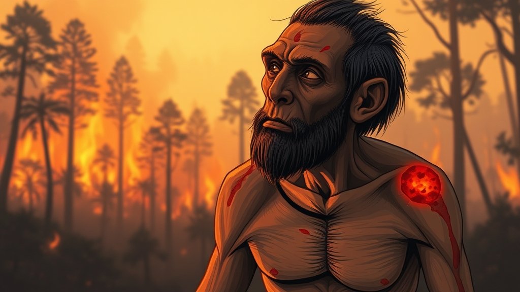 An illustration of a human ancestor experiencing a burn injury, with a subtle background of a forest fire, symbolizing the potential impact of fire on human evolution.