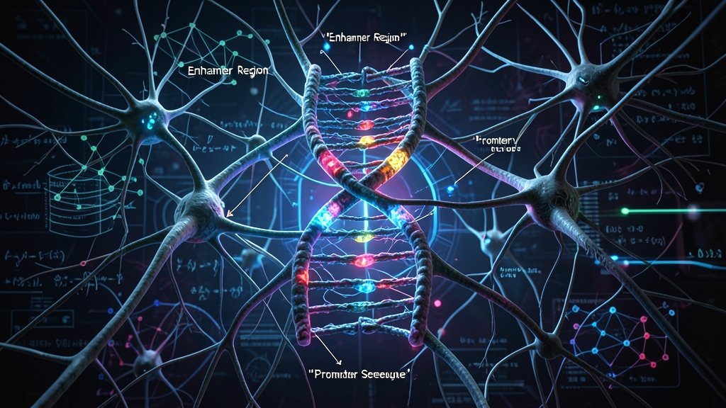 A detailed illustration of the human genome with highlighted regulatory regions, surrounded by neurons and deep learning algorithms in the background, to represent the intersection of artificial intelligence and genetic engineering.