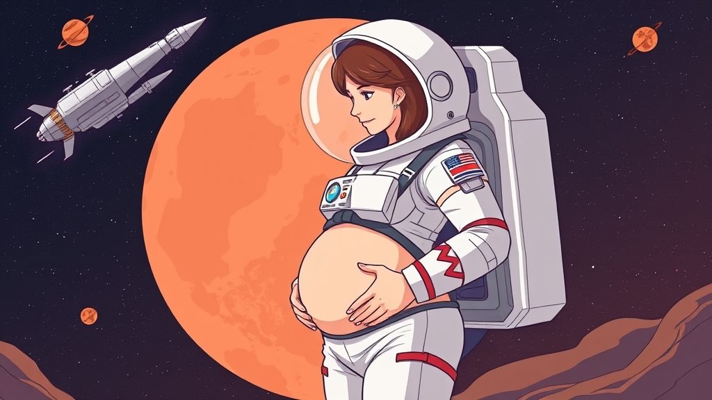 An illustration of a pregnant woman in a spacesuit, with a spaceship and the planet Mars in the background, symbolizing the challenges and possibilities of human reproduction in space.