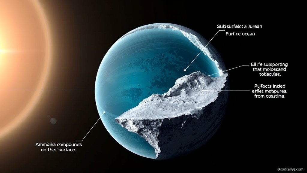 A detailed illustration of Jupiter's moon Europa with a subsurface ocean and ice crust, highlighting the potential for life-supporting molecules and ammonia compounds on its surface.