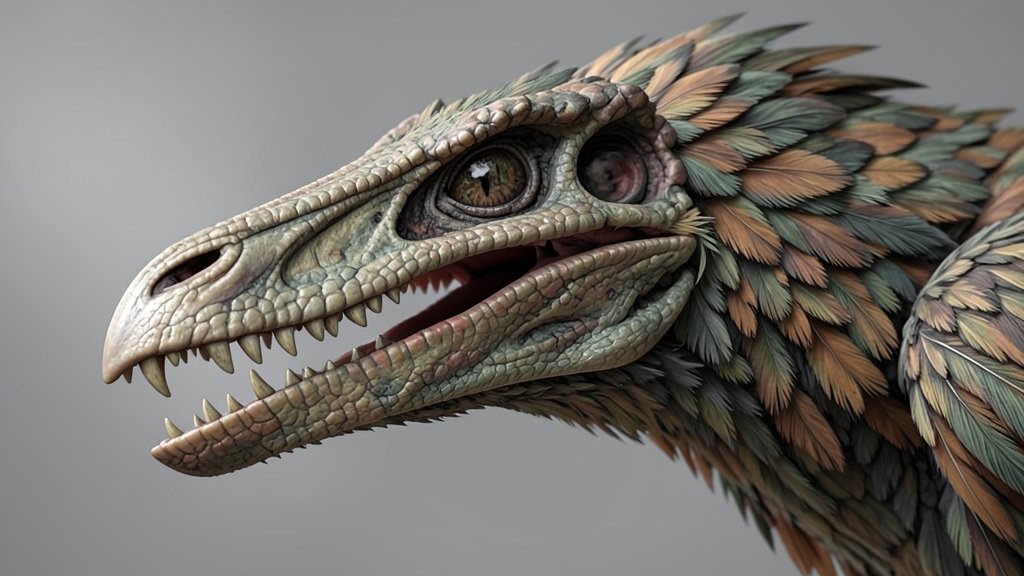 An illustration of Archaeopteryx with a detailed view of its skull and mouth, showcasing its unique dental structure and feathers.