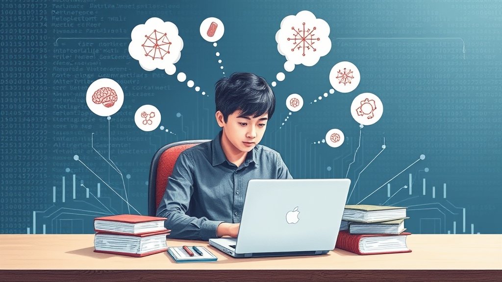 A detailed illustration of a person sitting at a desk with a laptop and books, surrounded by thought bubbles and connections, with a subtle background of code and circuits, symbolizing the fusion of human intelligence and artificial intelligence in literature review and research.