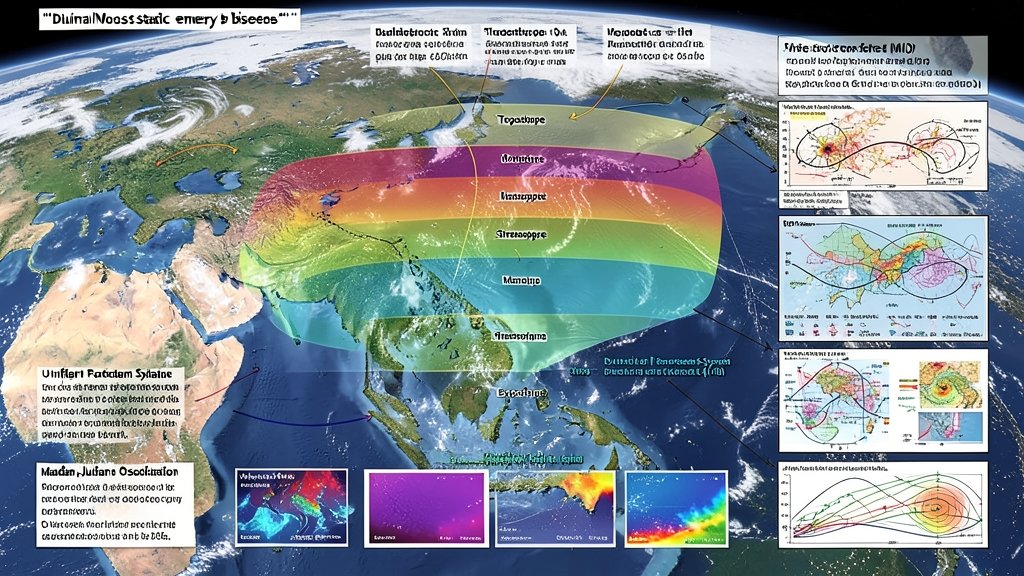 A detailed illustration of the Earth's atmosphere, highlighting the layers and processes involved in diurnal moist static energy biases, with a focus on the Indian Ocean and the role of the Unified Forecast System in predicting the Madden-Julian Oscillation.