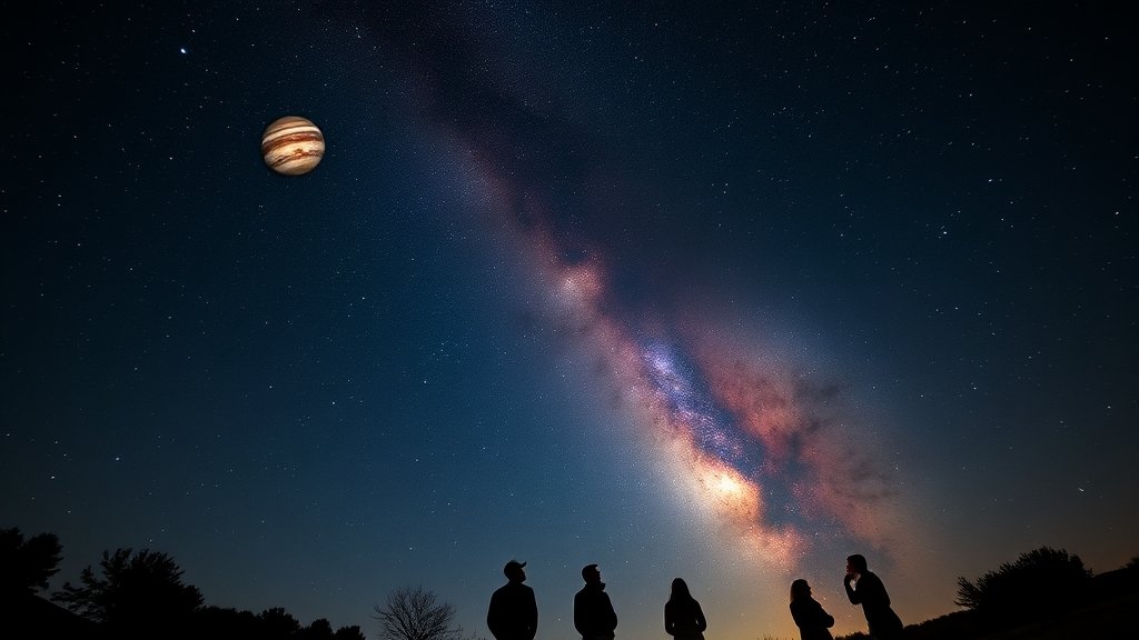 A stunning image of a clear night sky with multiple planets and stars visible, including a bright Jupiter and a vibrant Milky Way, with a few people in the foreground looking up in awe.