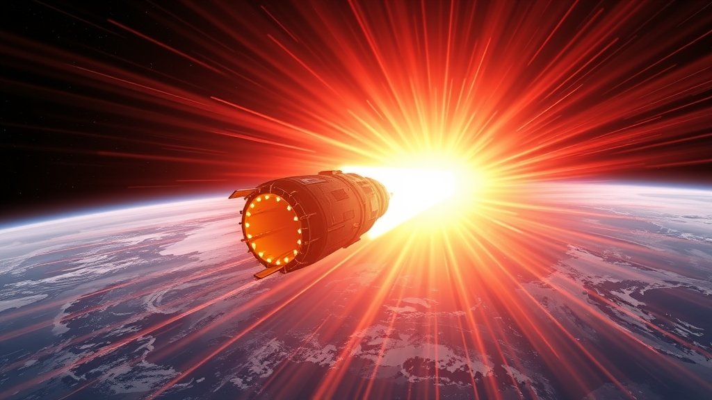 An illustration of a spacecraft reentering the Earth's atmosphere, with a plasma tunnel in the background, simulating the extreme heat and conditions of reentry.