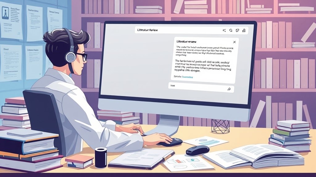 A futuristic illustration of a researcher sitting in front of a computer, surrounded by books and papers, with a chatbot window open on the screen, displaying a literature review.