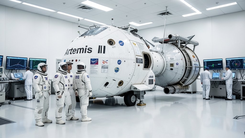 An illustration of the Artemis II spacecraft with astronauts in quarantine before their journey to the moon