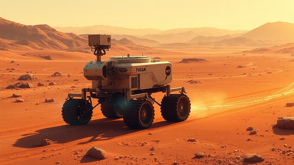 A futuristic illustration of the NASA Perseverance Mars Rover navigating through the Martian terrain with a subtle glow of artificial intelligence guiding its path.