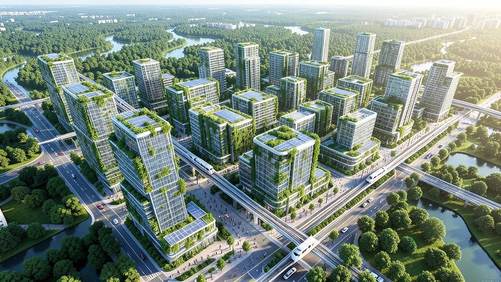 A futuristic 3D visualization of a sustainable city with green buildings, solar panels, and a efficient transportation system