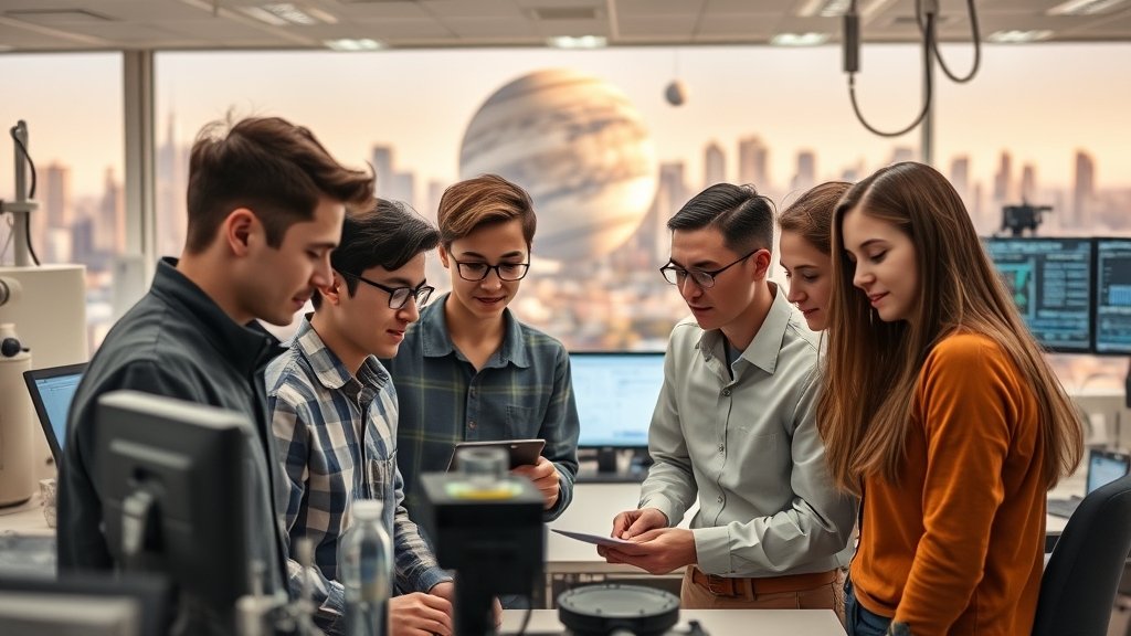 A group of young professionals working together in a space physics and aeronomy research laboratory, with a cityscape or a planet in the background, surrounded by various scientific equipment and data screens.