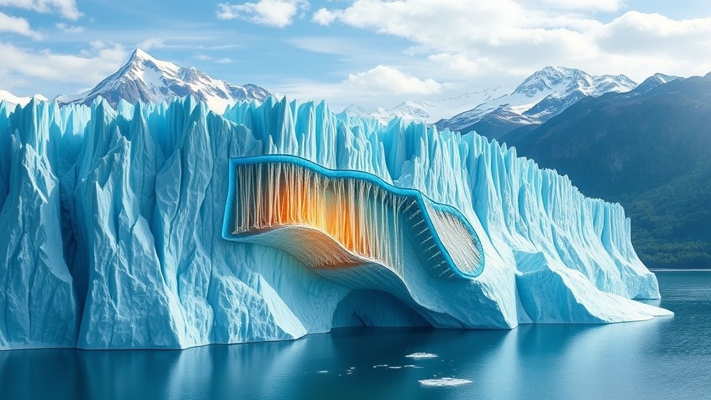 A detailed illustration of a glacier with ice crystals and ice flow, showcasing the interaction between ice crystal evolution and ice flow, with a background of a mountain range and a serene lake.