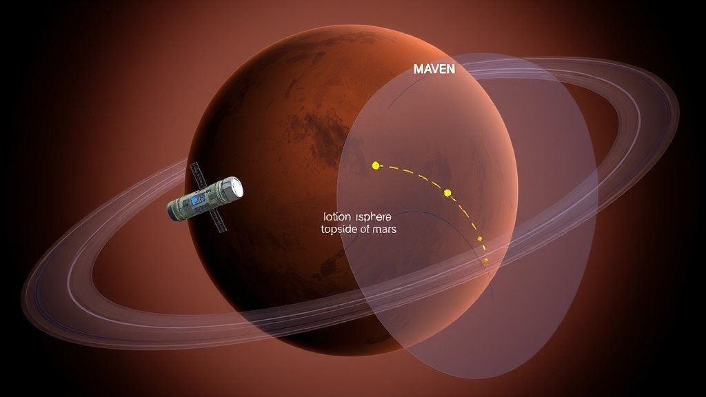 An illustration of the Mars Express and MAVEN spacecraft in orbit around Mars, with a depiction of the planet's ionosphere and topside layers, highlighting the spatio-temporal variability of these layers.