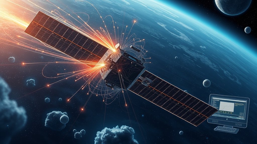 A detailed illustration of a satellite in space with charged particles and plasma surrounding it, with a computer system in the background analyzing data from the DMSP observation.